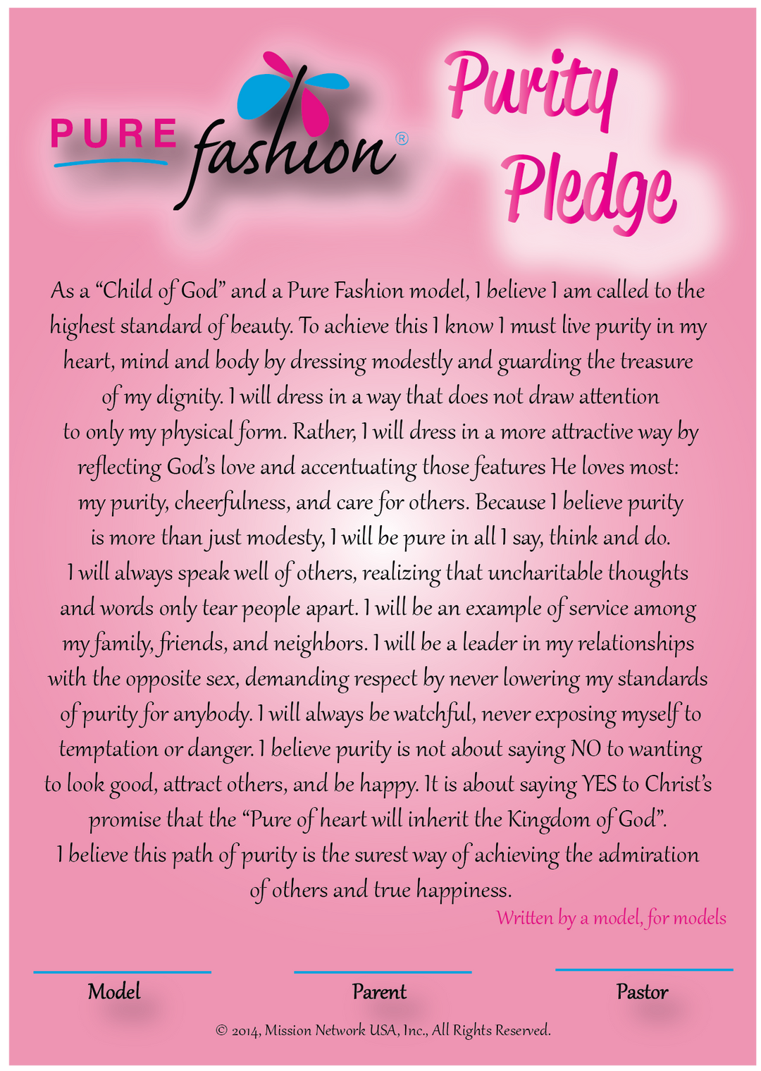 Pure Fashion Purity Pledge Card Regnum Christi Federation